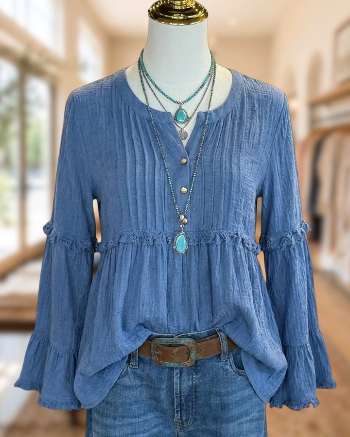 Ruffled Tiered Bell Sleeve Pleated Button Front Casual Blouse