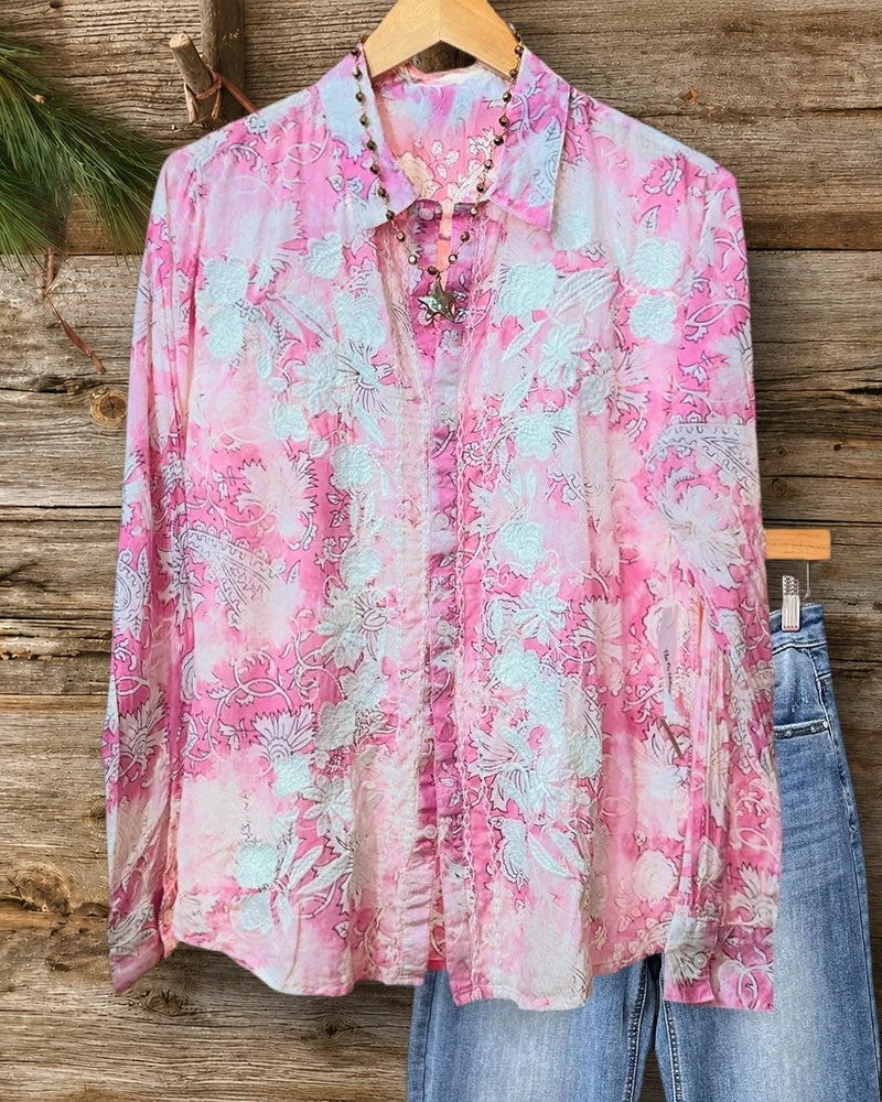 Collared Long Sleeve Embroidered Floral Button Front Casual Blouse
