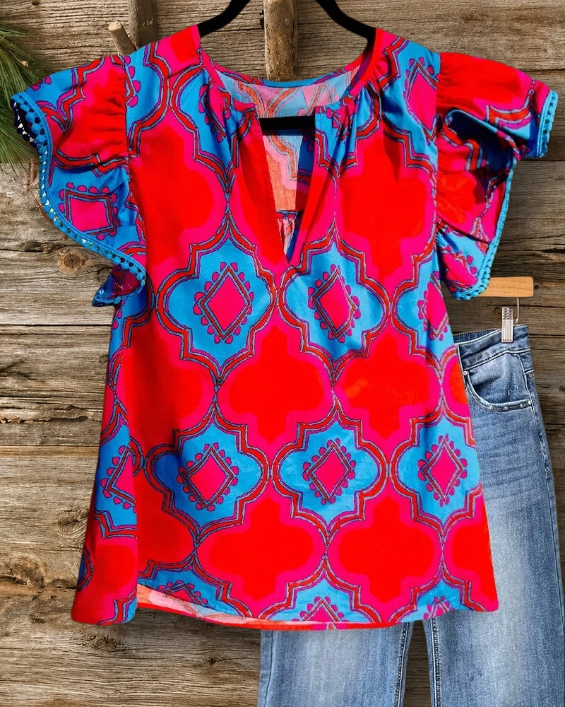 Tribal Print Ethnic V Neck Flutter Sleeves T-Shirt