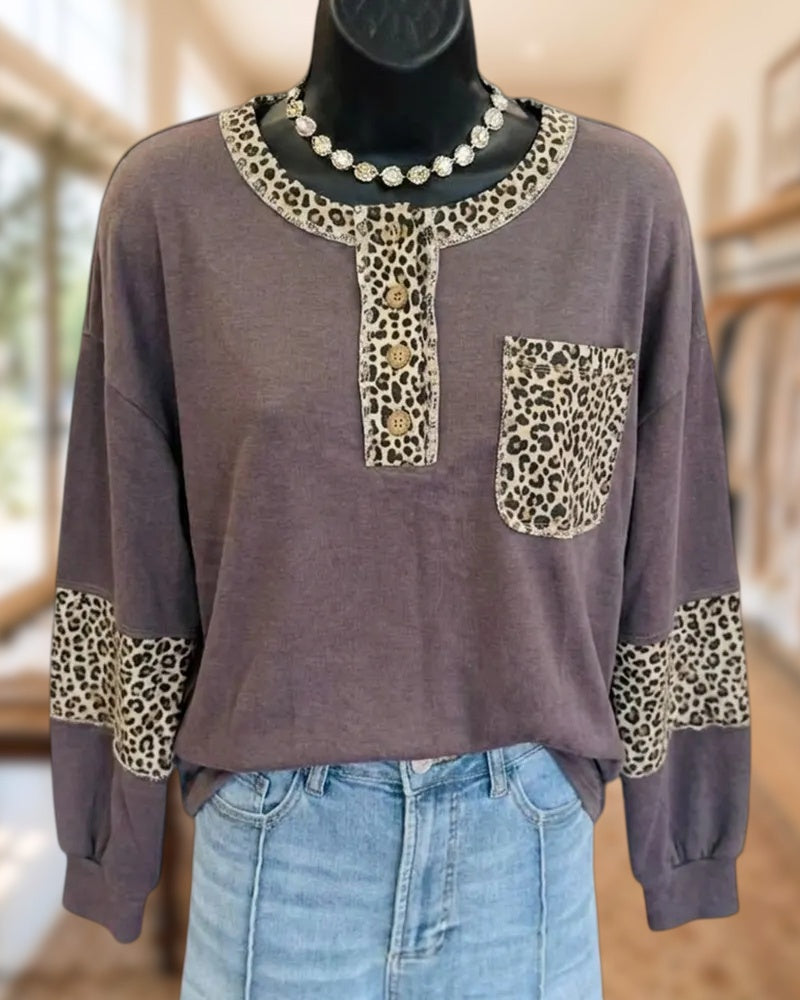 Leopard Trim Henley Contrast Panel Long Sleeve Top with Pocket