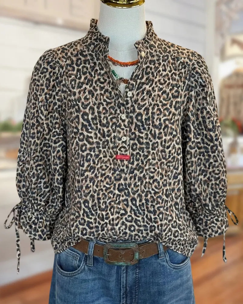 Leopard Print Ruffled Neck Puff Sleeve Tie Cuff Blouse