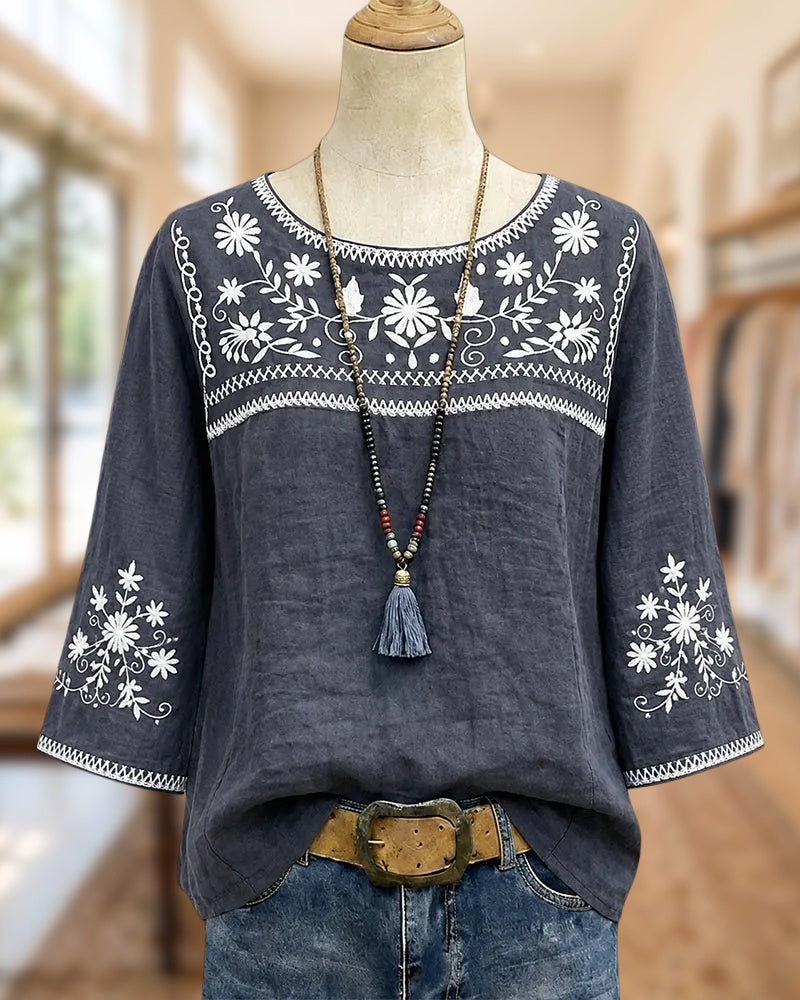 Floral Embroidered 3/4 Sleeve Casual Loose Round Neck Blouse