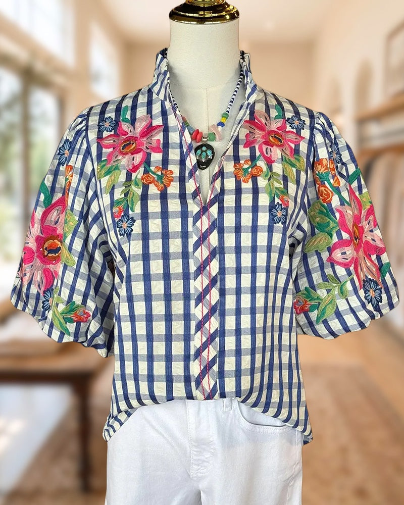 Checked Floral Embroidered Puff Sleeve V Neck Casual Blouse
