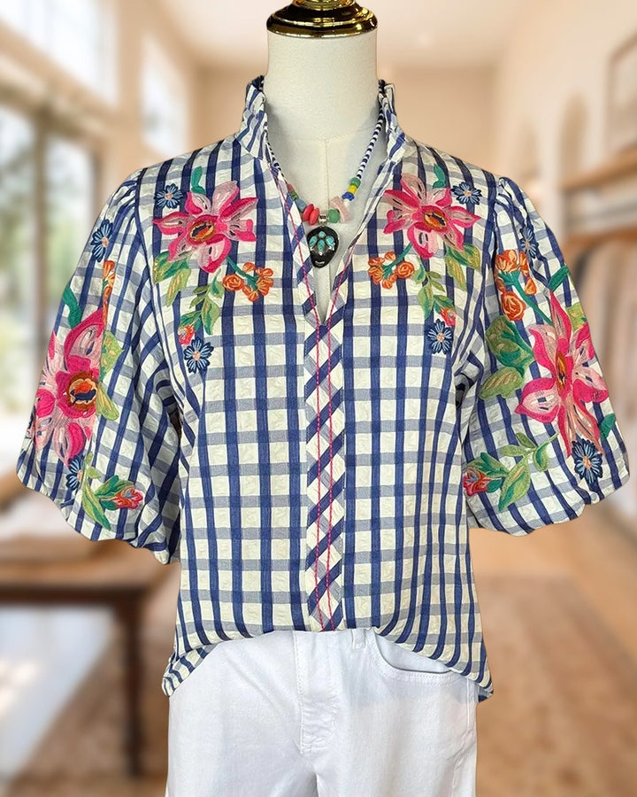 Checked Floral Embroidered Puff Sleeve V Neck Casual Blouse