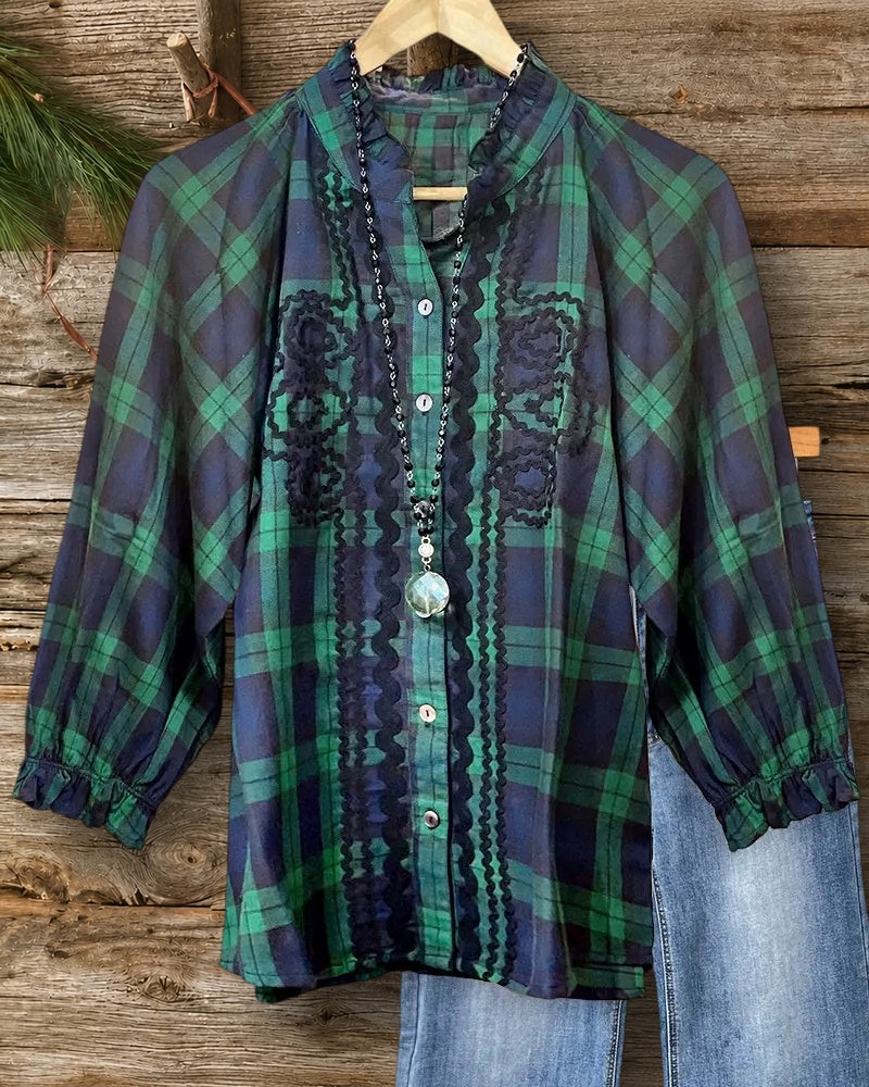 Plaid Ricrac Decor Classic Button Up Blouse