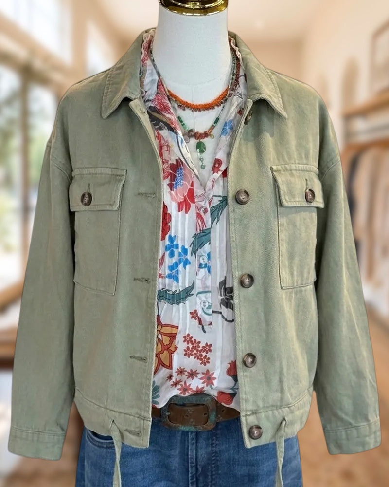 Flap Pocket Button Front Drawstring Hem Relaxed Fit Jacket