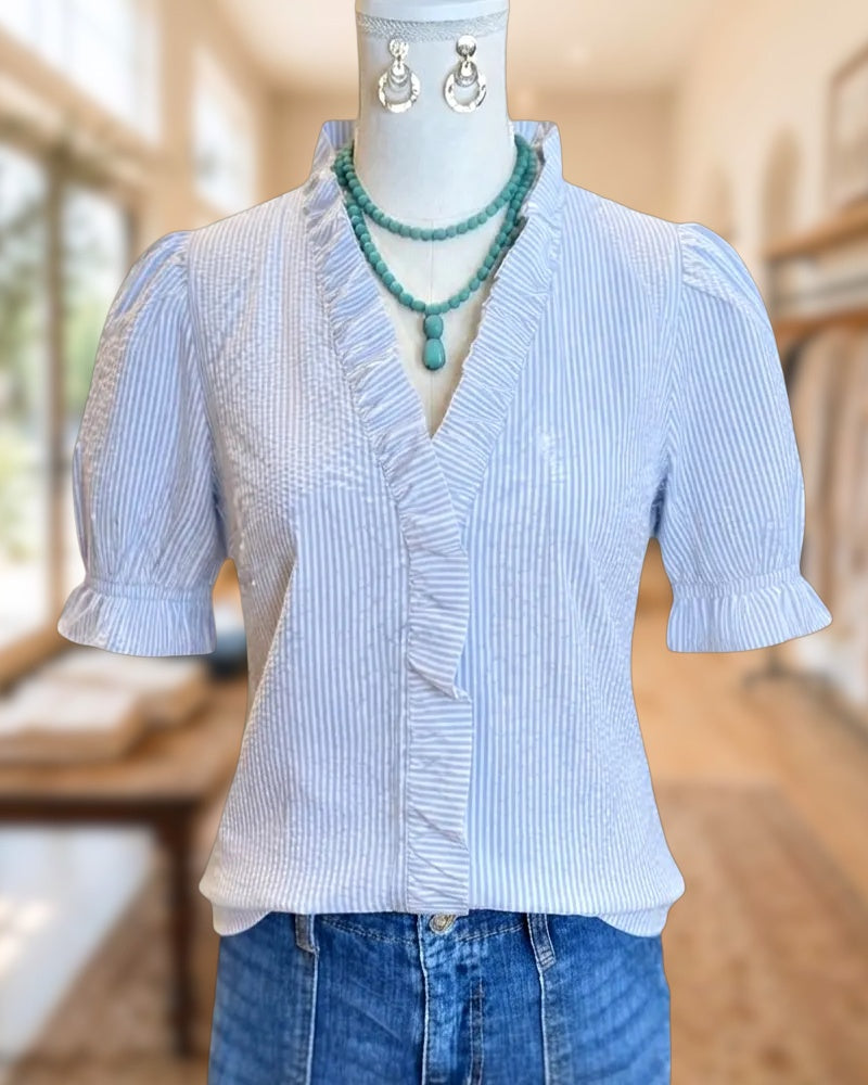 Striped Ruffle Trim V Neck Puff Sleeve Casual Blouse