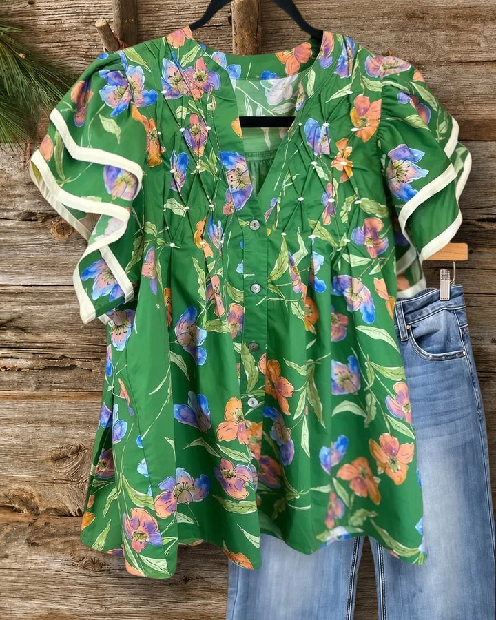 Floral Print V Neck Pleated Contrast Trim Flutter Sleeve Blouse