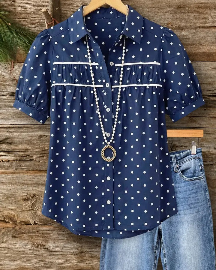 Polka Dot Puff Sleeve Collared Button Front Casual Blouse