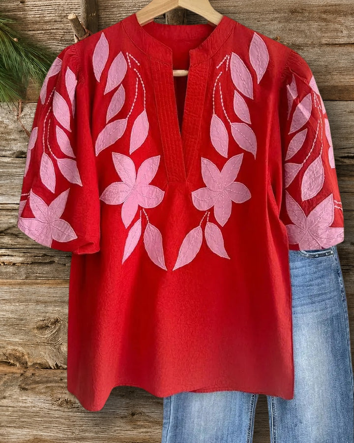 Floral Embroidery Rocking V Neck Puff Sleeve T-Shirt