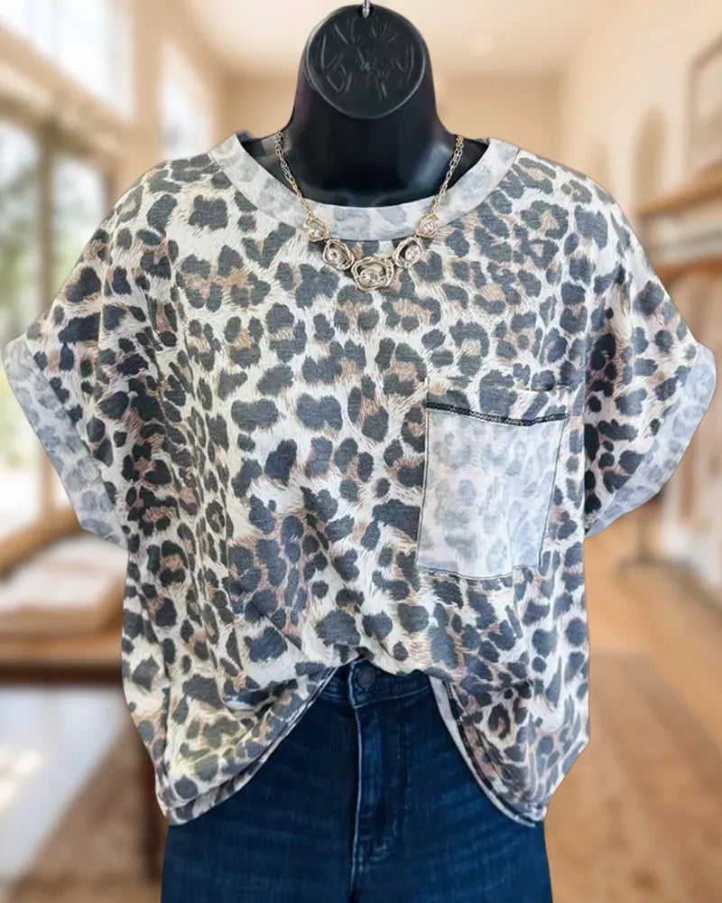 Leopard Print Chest Pocket Rolled Cuff Short Sleeve T-Shirt