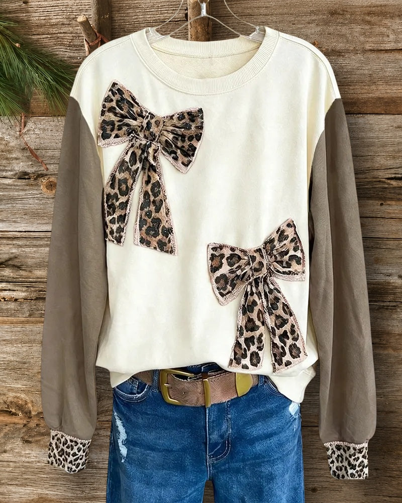 Leopard Bowknot Applique On-trend Round Neck Shirt