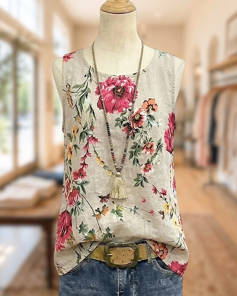 Floral Print Sleeveless Round Neck Pastoral Casual Summer Tank Top