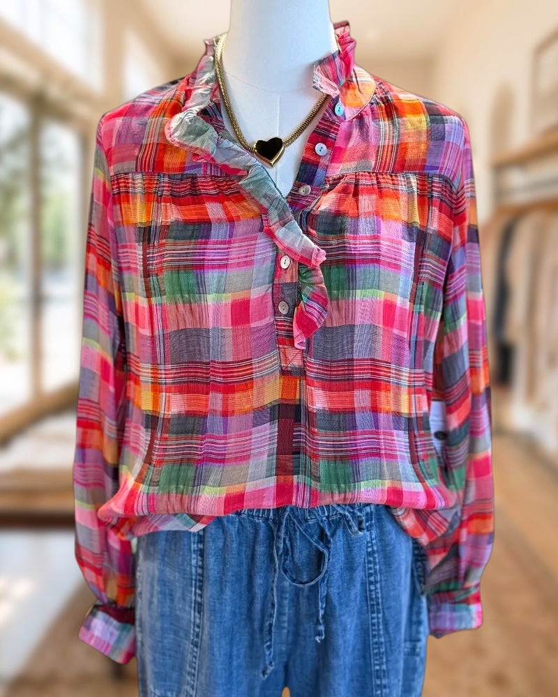 Multicolor Plaid Ruffles Trim Casual Blouse