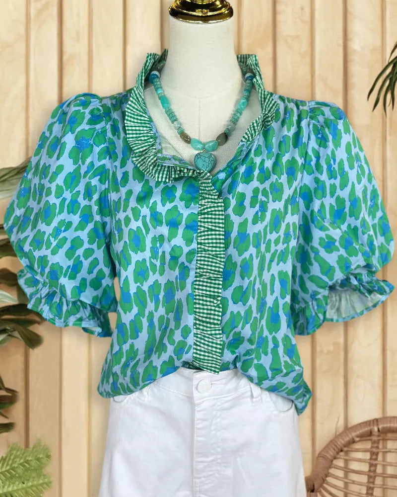 Ruffled Collar Leopard Print Puff Sleeve Gingham Trim Blouse