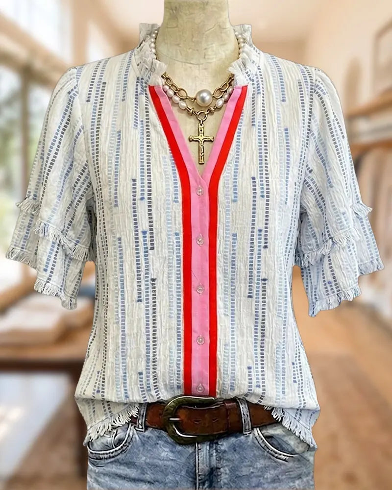 Tassels Trim Tiered Sleeve V Neck Button Front Blouse
