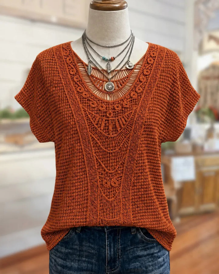 Crochet Detailing V Neck Short Sleeve Relaxed Fit Blouse