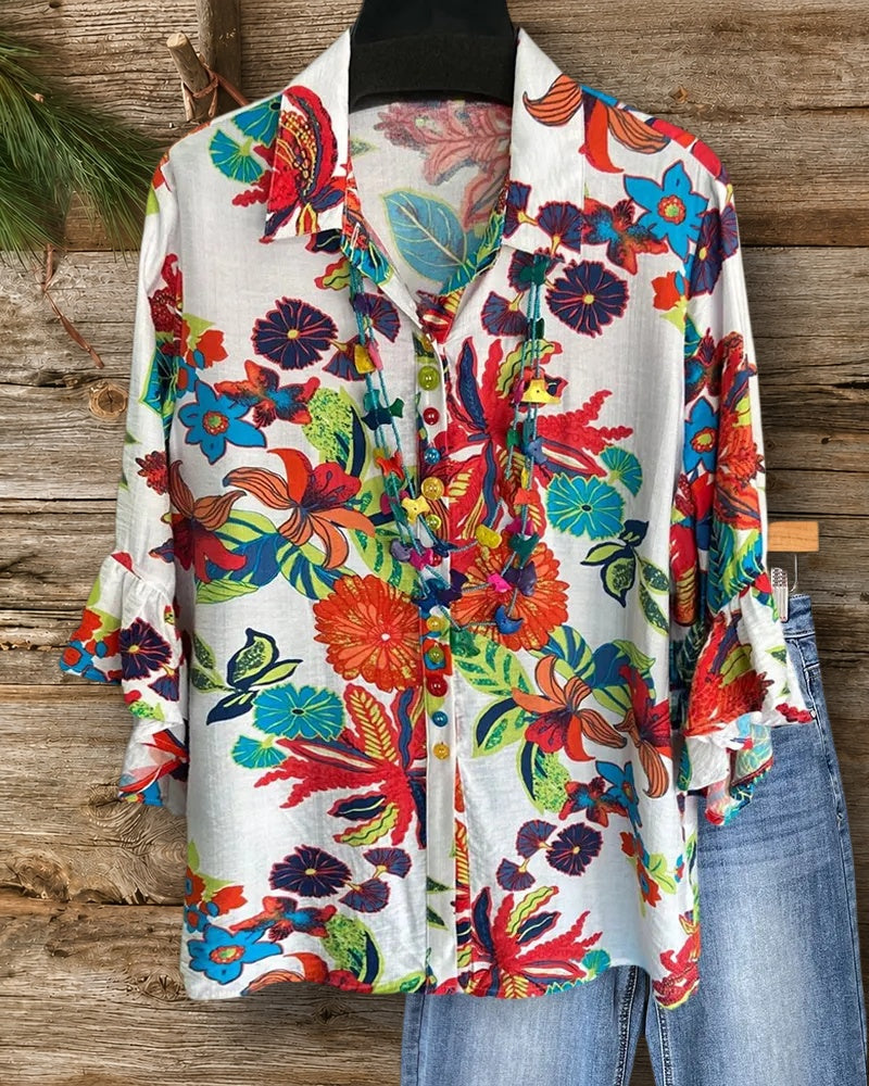 Floral Ruffled Sleeve Button Blouse