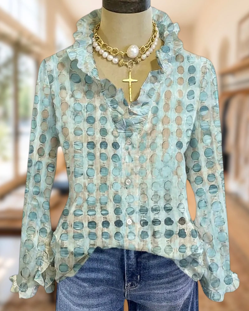 Ruffle Trim V Neck Polka Dot Button Front Elegant Blouse
