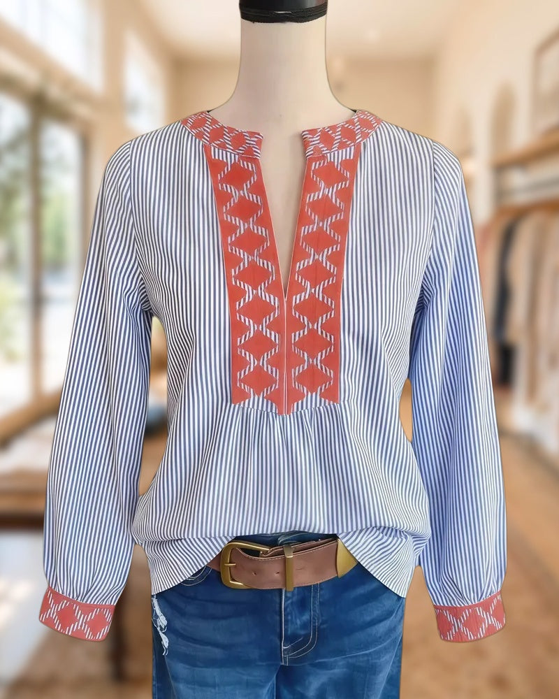 Striped & Geometric Embroidery Split Neck Simple Blouse