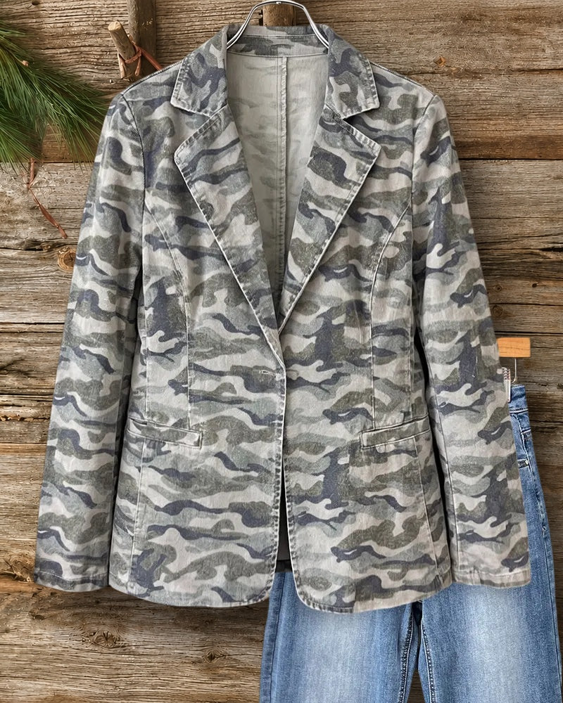 Camo Print Notched Lapel Single Button Casual Blazer