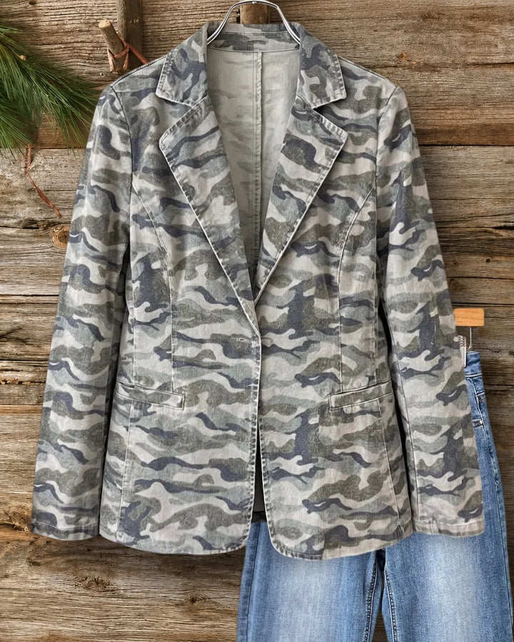 Camo Print Notched Lapel Single Button Casual Blazer