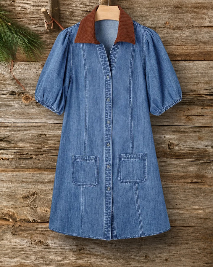 Contrast Collar Puff Sleeve Button Front Patch Pocket Shirt Mini Dress