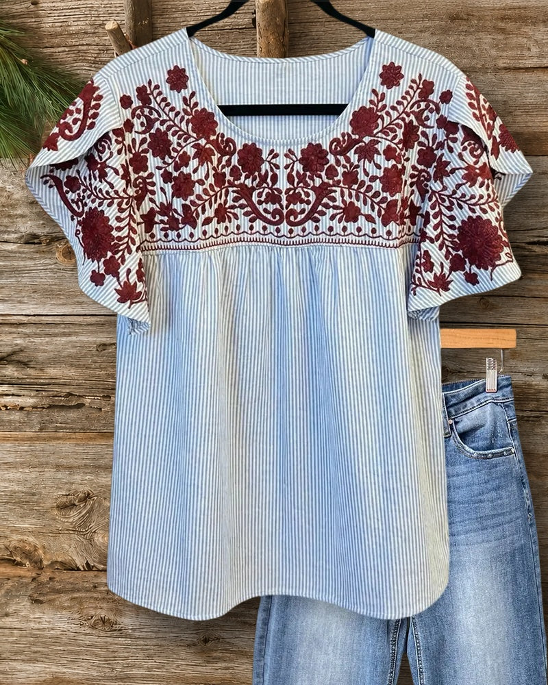 Floral Embroidered & Striped Flutter Sleeve Round Neck Blouse Top