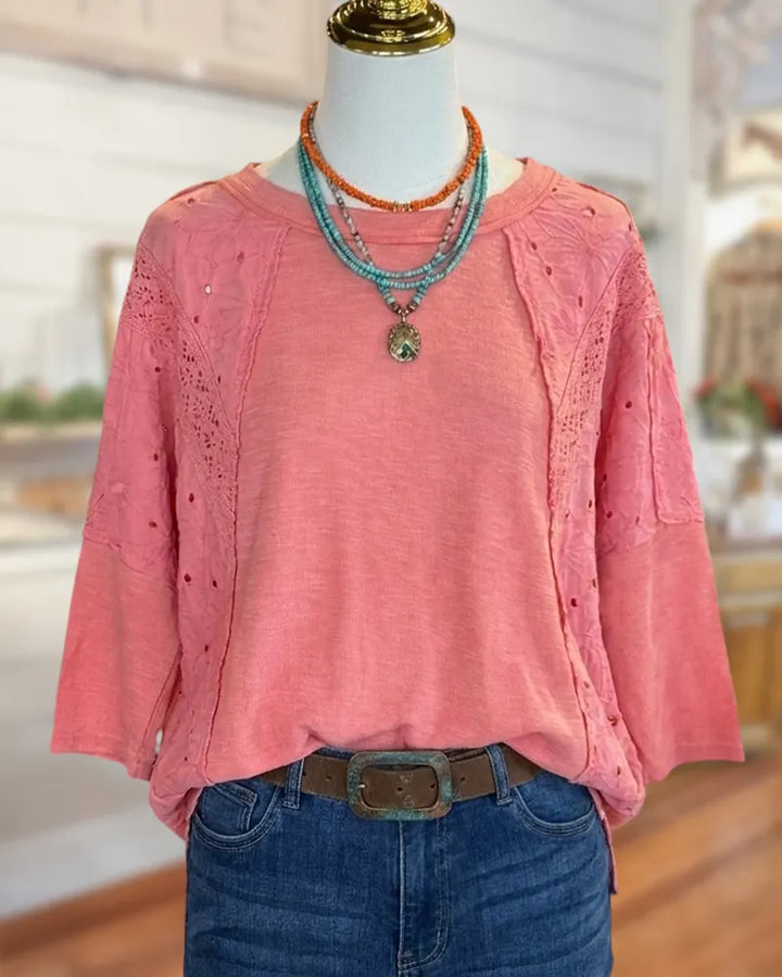Lace Insert Eyelet Detail Loose 3/4 Sleeve Casual Blouse