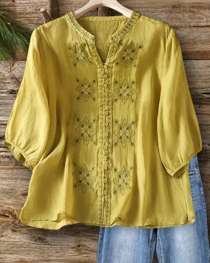 Floral Embroidery V Neck Button Front 3/4 Sleeve Comfortable Blouse