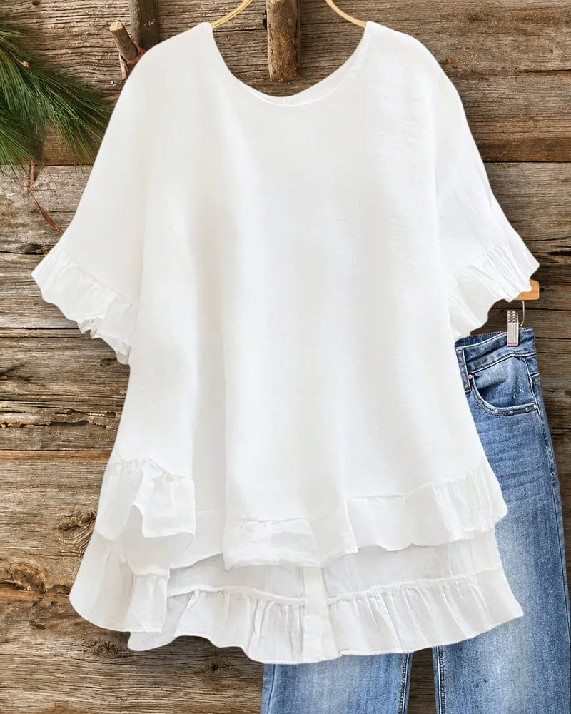 Solid Color Ruffled Classic High Low Blouse