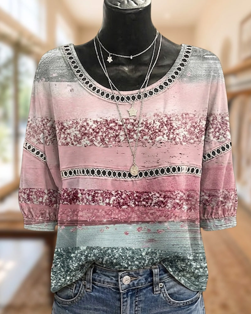 Striped Print Lace Trim 3/4 Sleeve Loose Casual Top