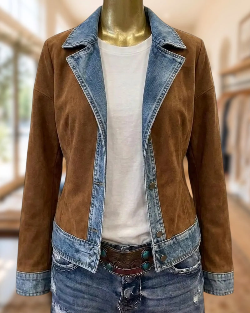 Suede Denim Trim Lapel Long Sleeve Casual Jacket