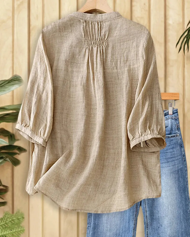 Stand Collar Side Tie 3/4 Sleeve Solid Color Casual Blouse