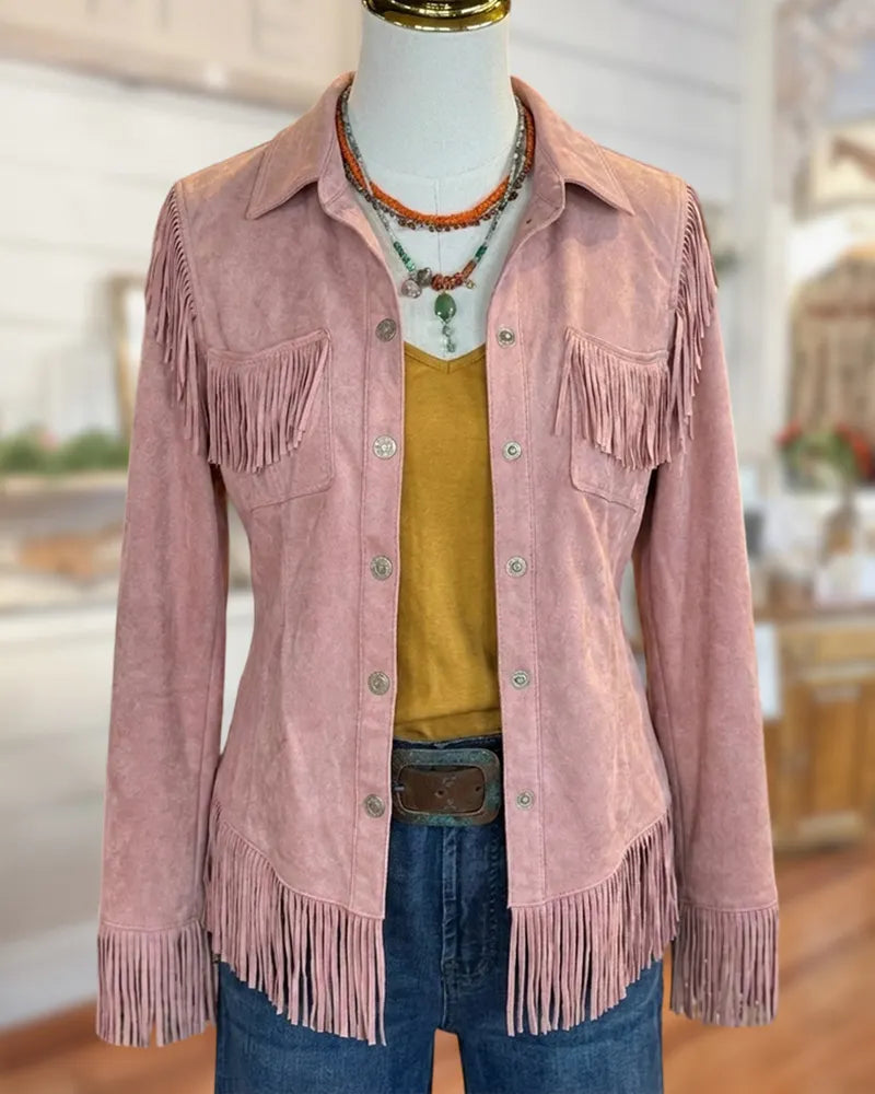 Fringe Trim Button Front Collared Long Sleeve Casual Jacket