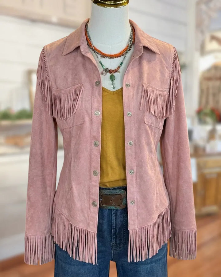 Fringe Trim Button Front Collared Long Sleeve Casual Jacket