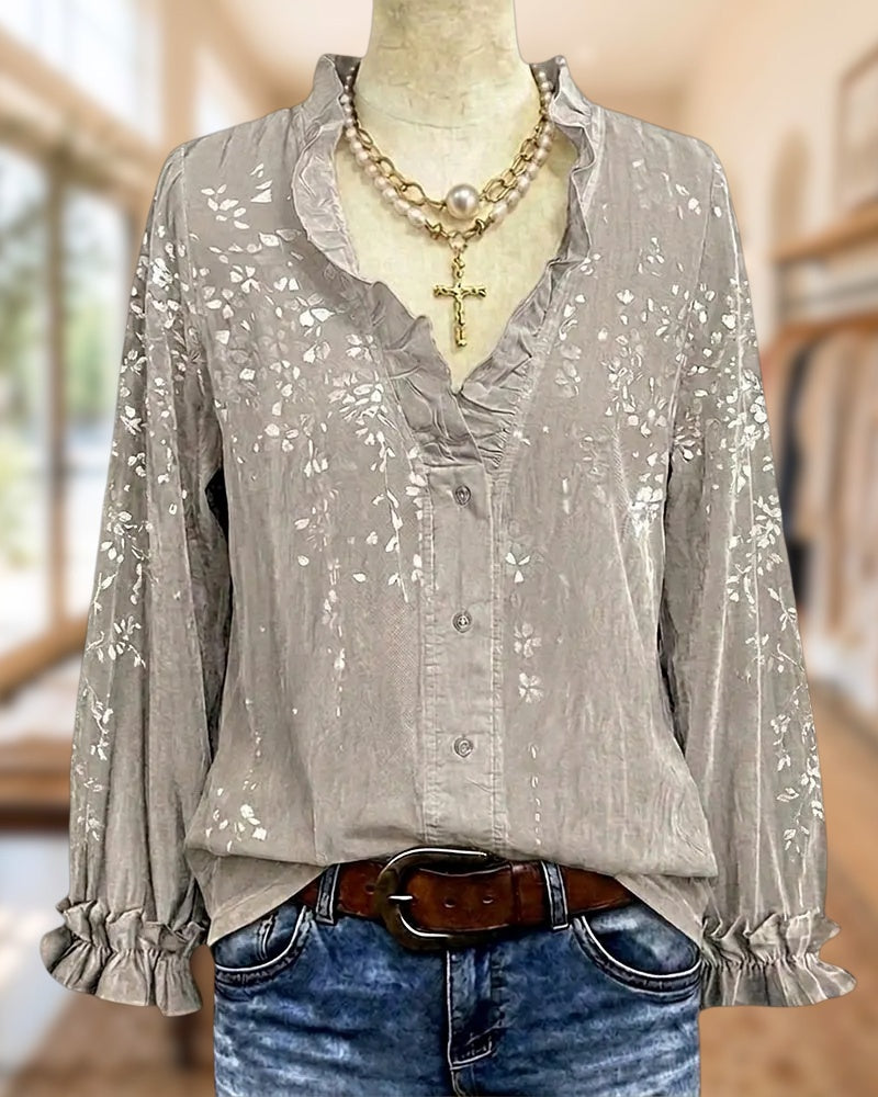Floral Ruffle Trim Button Blouse