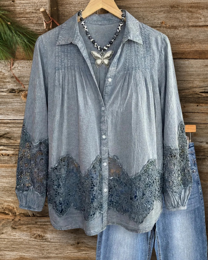 Collared Button Down Lace Patchwork Pleated Detail Blouse