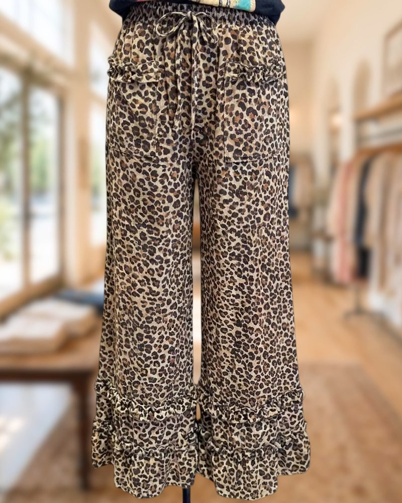 Drawstring Waist Ruffled Hem Leopard Print Wide Leg Pants
