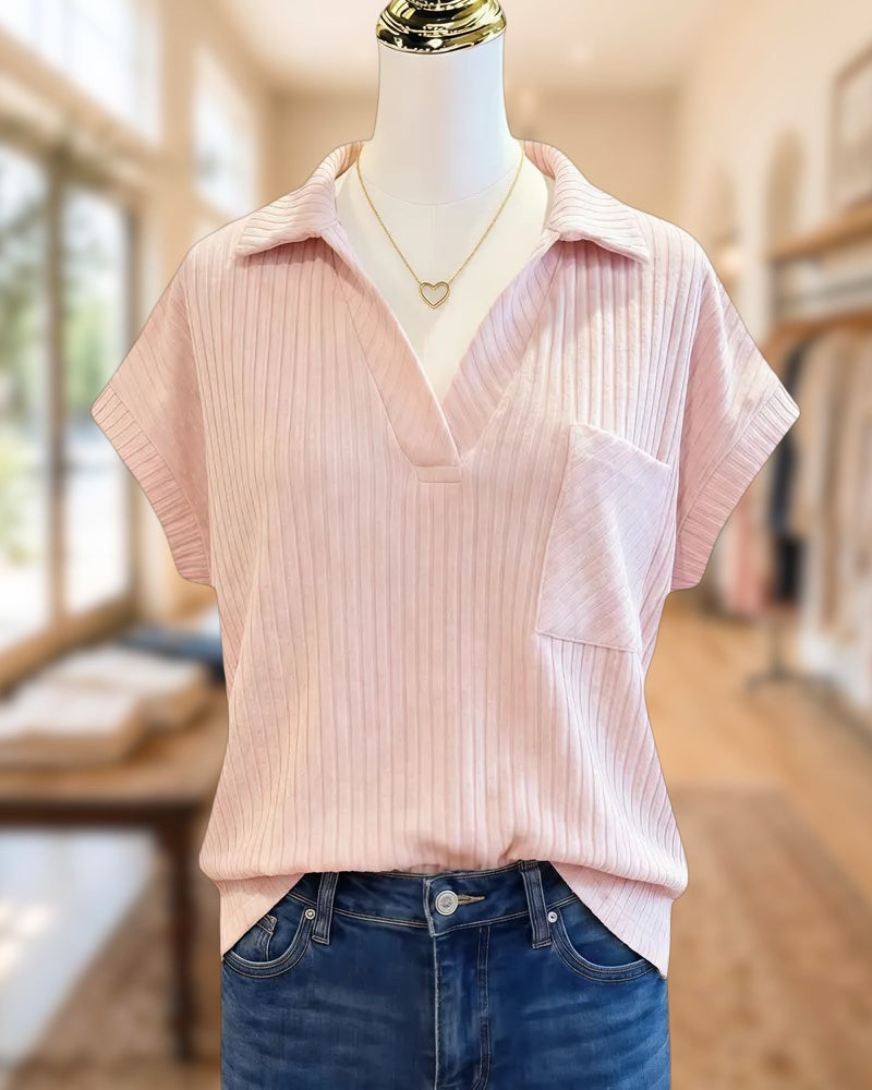 Solid Color Ribbed V Neck Commuting Shirt