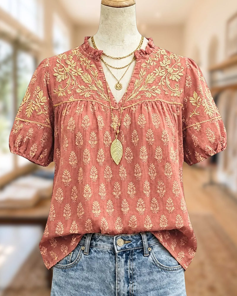 Embroidered Ruffle V Neck Puff Sleeve Loose Casual Blouse