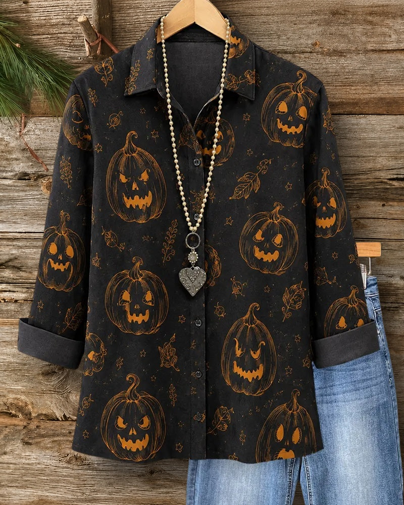 Halloween Pumpkin Print Button Front Collared Casual Shirt