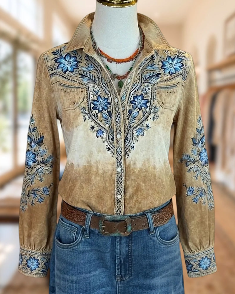 Floral Embroidered Western Collared Long Sleeve Pearl Snap Shirt