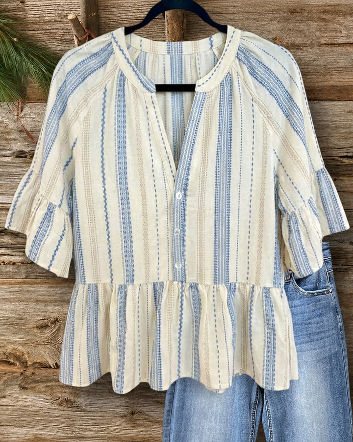 Striped Flare Sleeve Peplum Button Front V-Neck Casual Blouse
