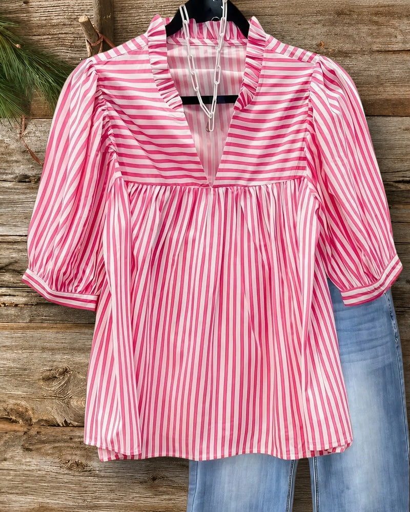 Striped Versatile Ruffled V Neck Blouse