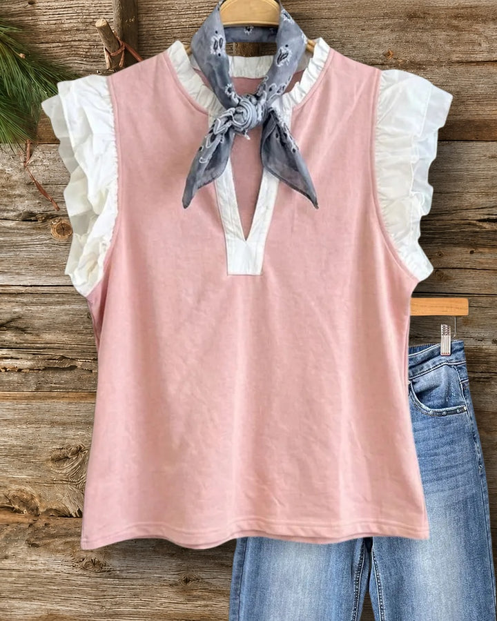 Ruffled Trim V Neck Flutter Sleeve Contrast Placket Casual Blouse