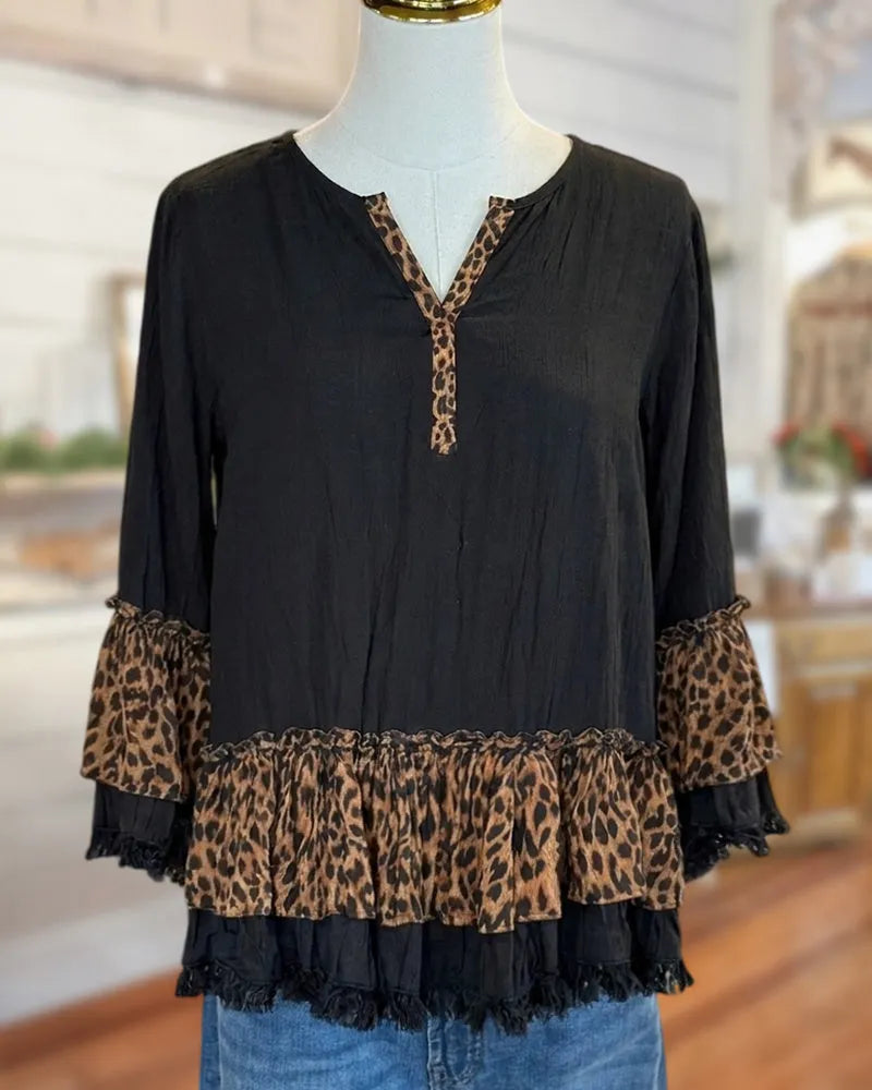 3/4 Sleeve Tiered Ruffle Hem Blouse