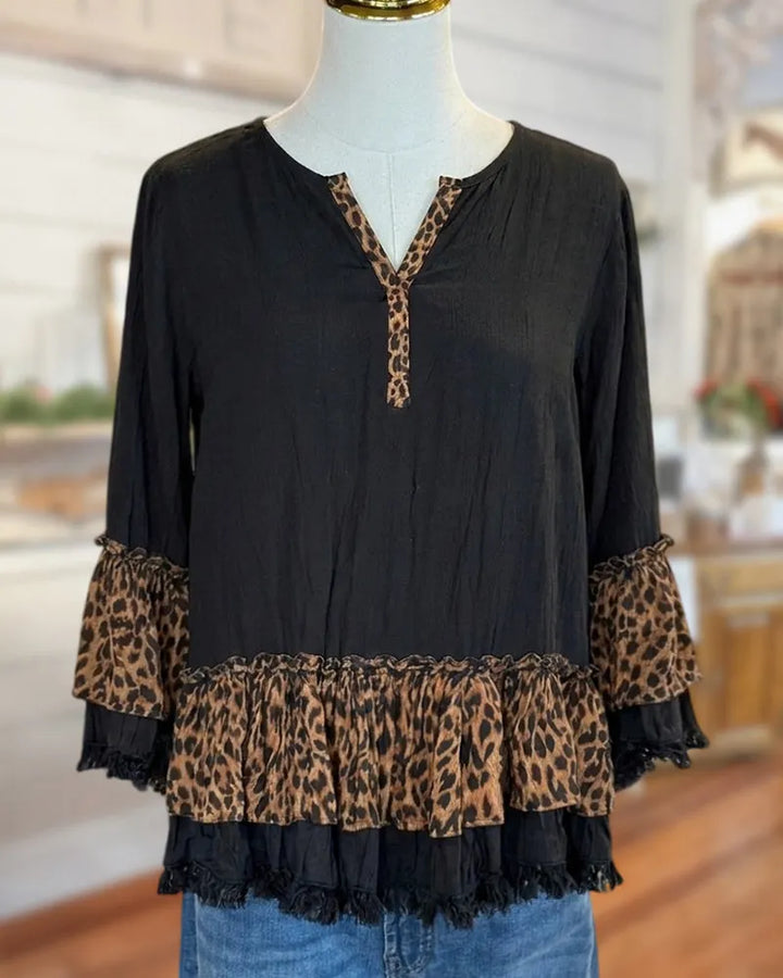 3/4 Sleeve Tiered Ruffle Hem Blouse