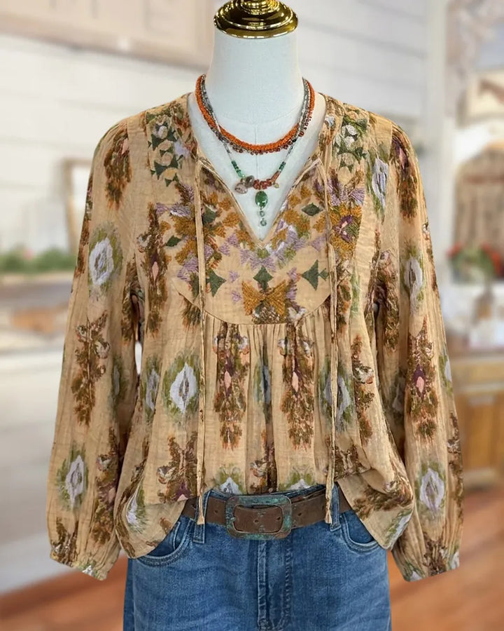 Embroidered Tie Neck Long Sleeve Loose Casual Blouse