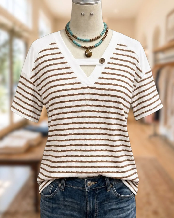 Striped V Neck Cutout Button Detail Short Sleeve T-Shirt